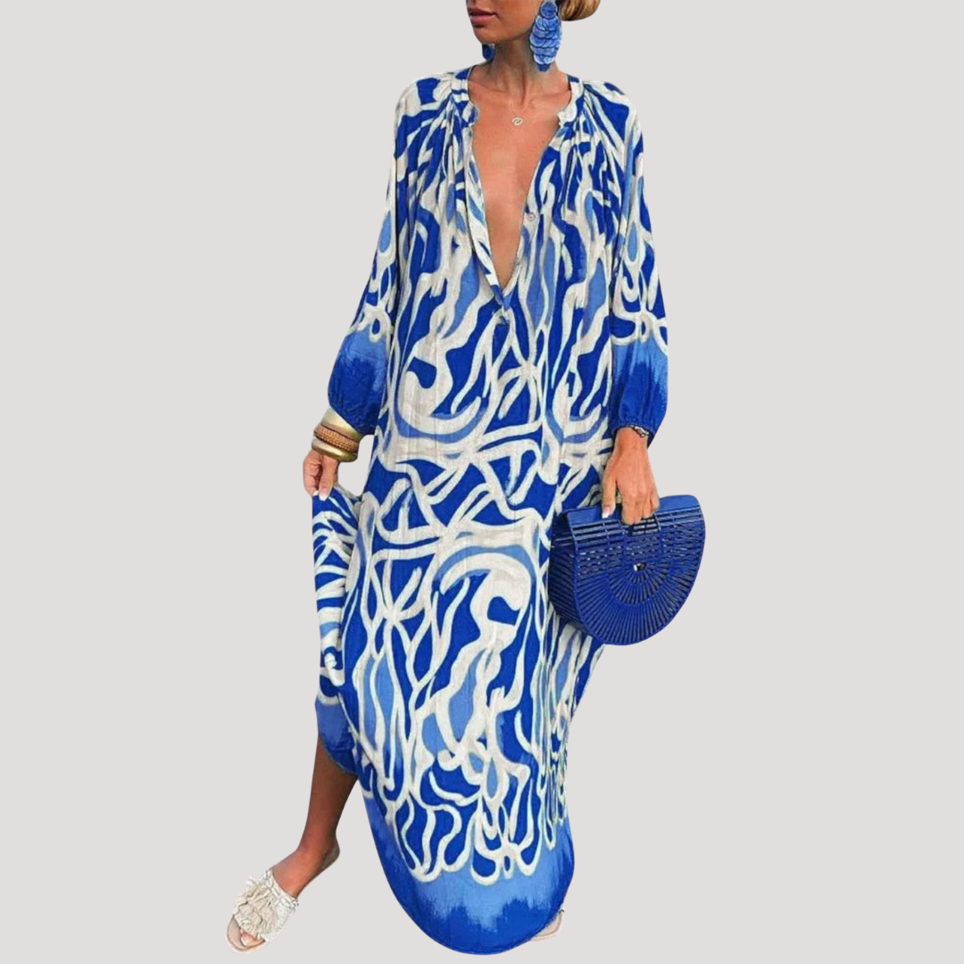 Claudine | Robe Lunga Donna Bohemien Stampata a Maniche Lunghe