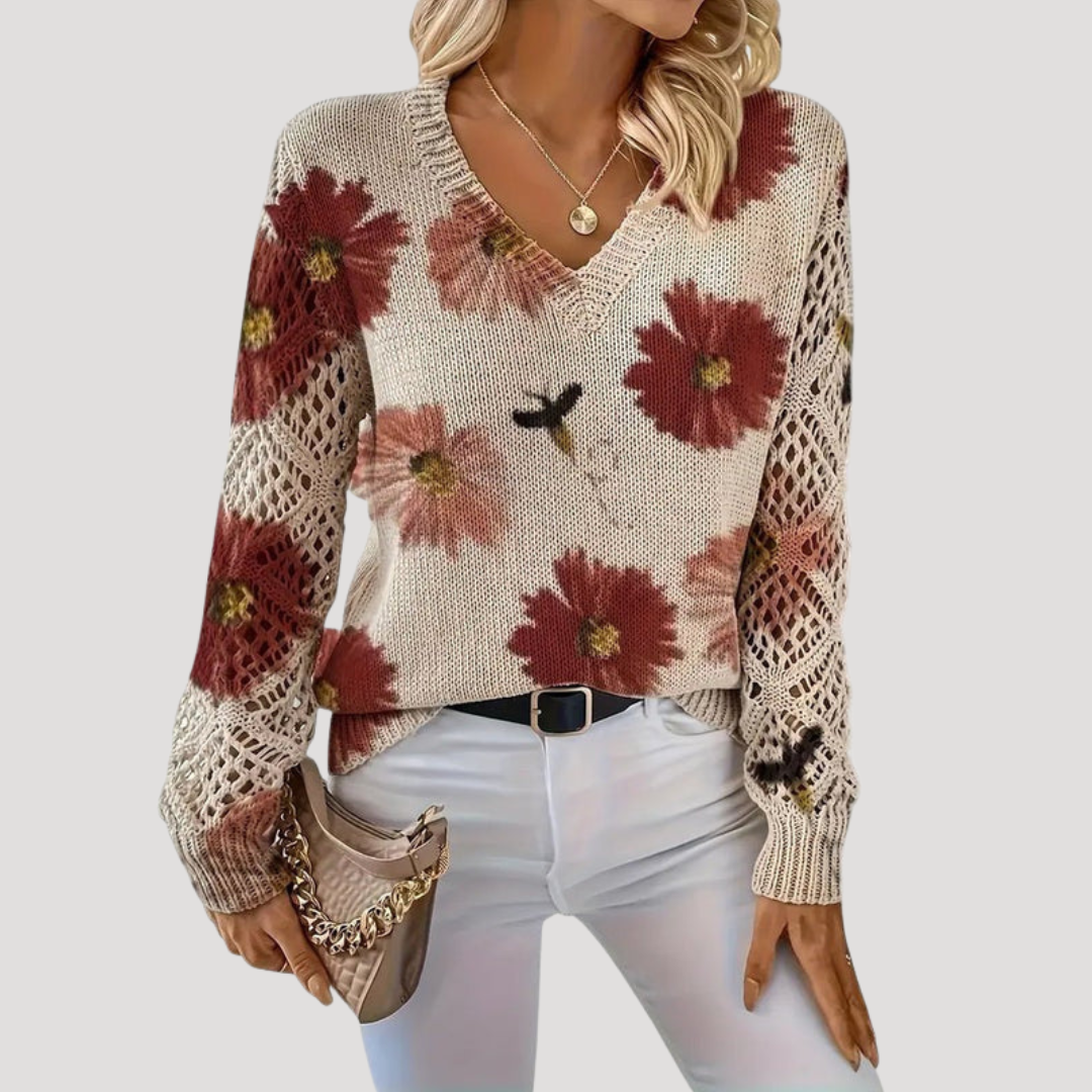 Florence | Maglione Donna Fiori Ajouré Col V Casual