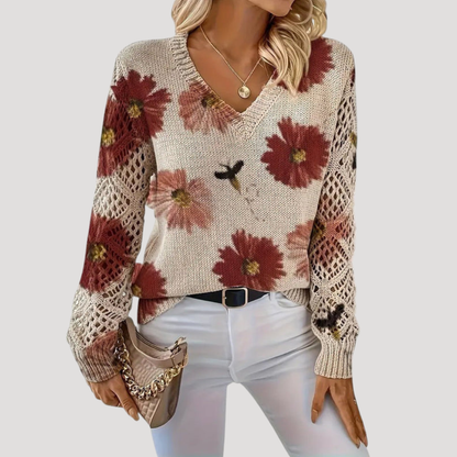 Florence | Maglione Donna Fiori Ajouré Col V Casual