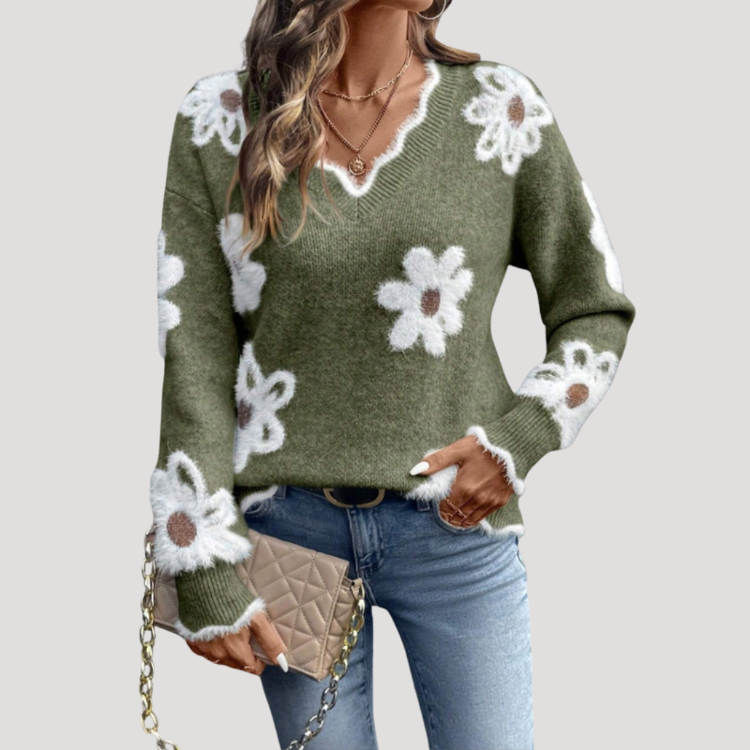 Noelia | Maglione Donna Fiori in Maglia Collo V