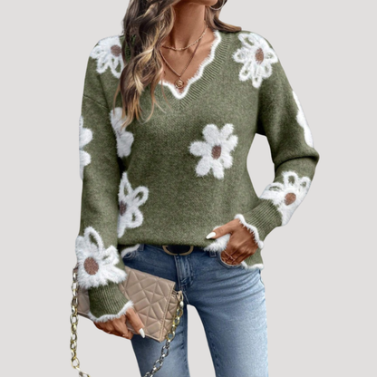 Noelia | Maglione Donna Fiori in Maglia Collo V