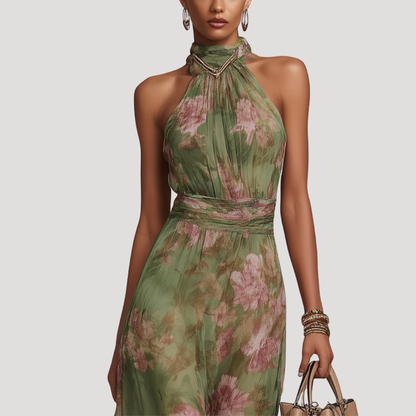 Adriana | Abito Lungo Floreale Collo Halter Elegante
