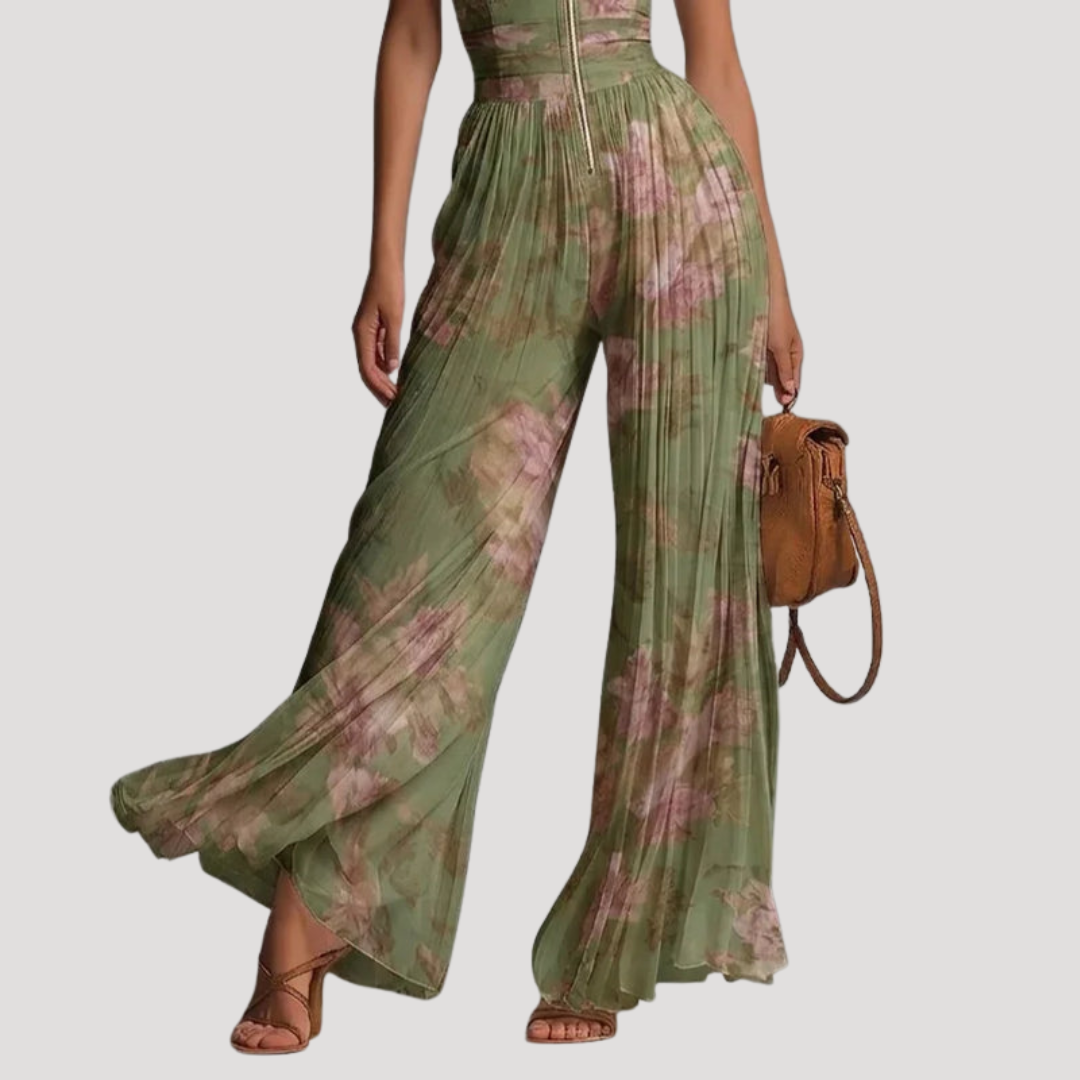 Julia | Combinazione Pantaloni Donna Plissettata Schiena Nuda Floreale