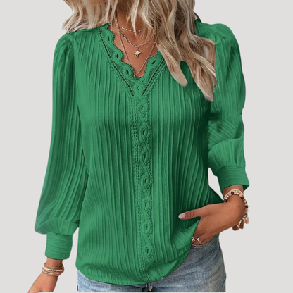 June | Blusa Donna Plissettata Pizzo Col V Elegante
