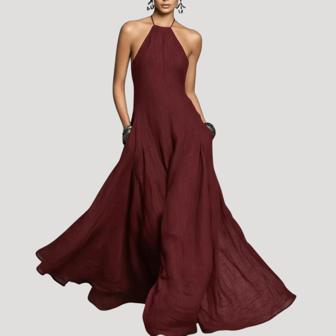 Leontine | Robe Longue Femme Fluide à Col Dos-Nu