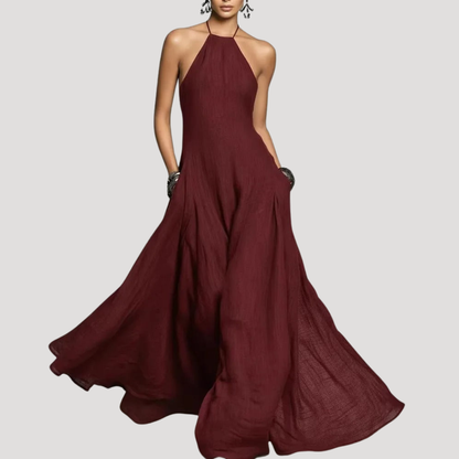 Leontine | Robe Longue Femme Fluide à Col Dos-Nu