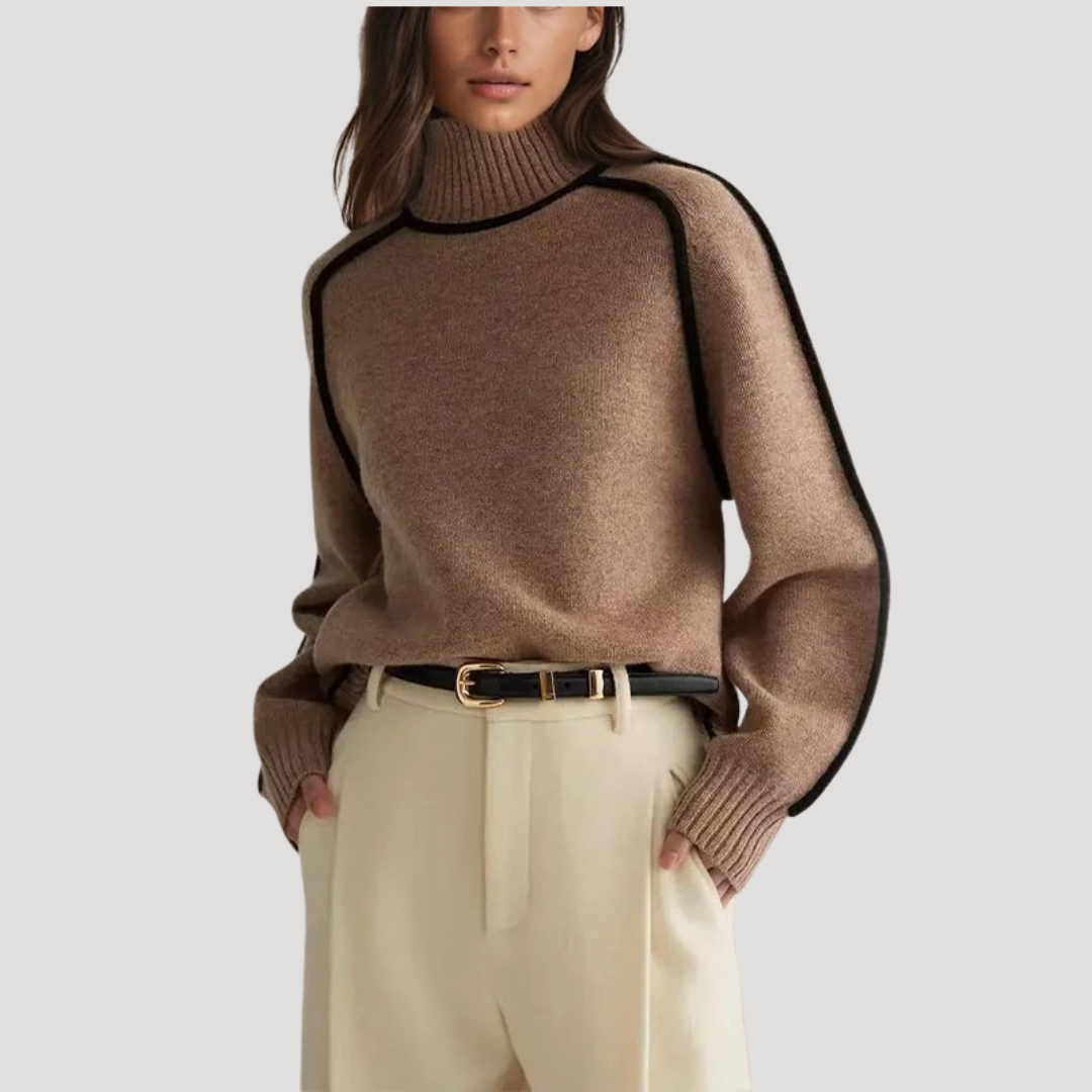 Maria | Pull Donna Collo Alto con Bordature a Contrasto