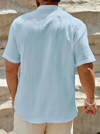 Roberto | Camicia a manica corta con colletto alla coreana e mezza patta da uomo