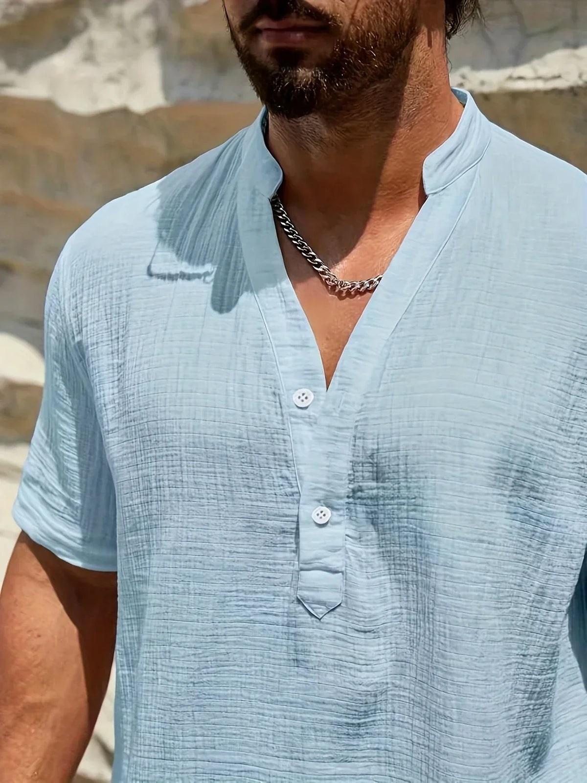 Roberto | Camicia a manica corta con colletto alla coreana e mezza patta da uomo