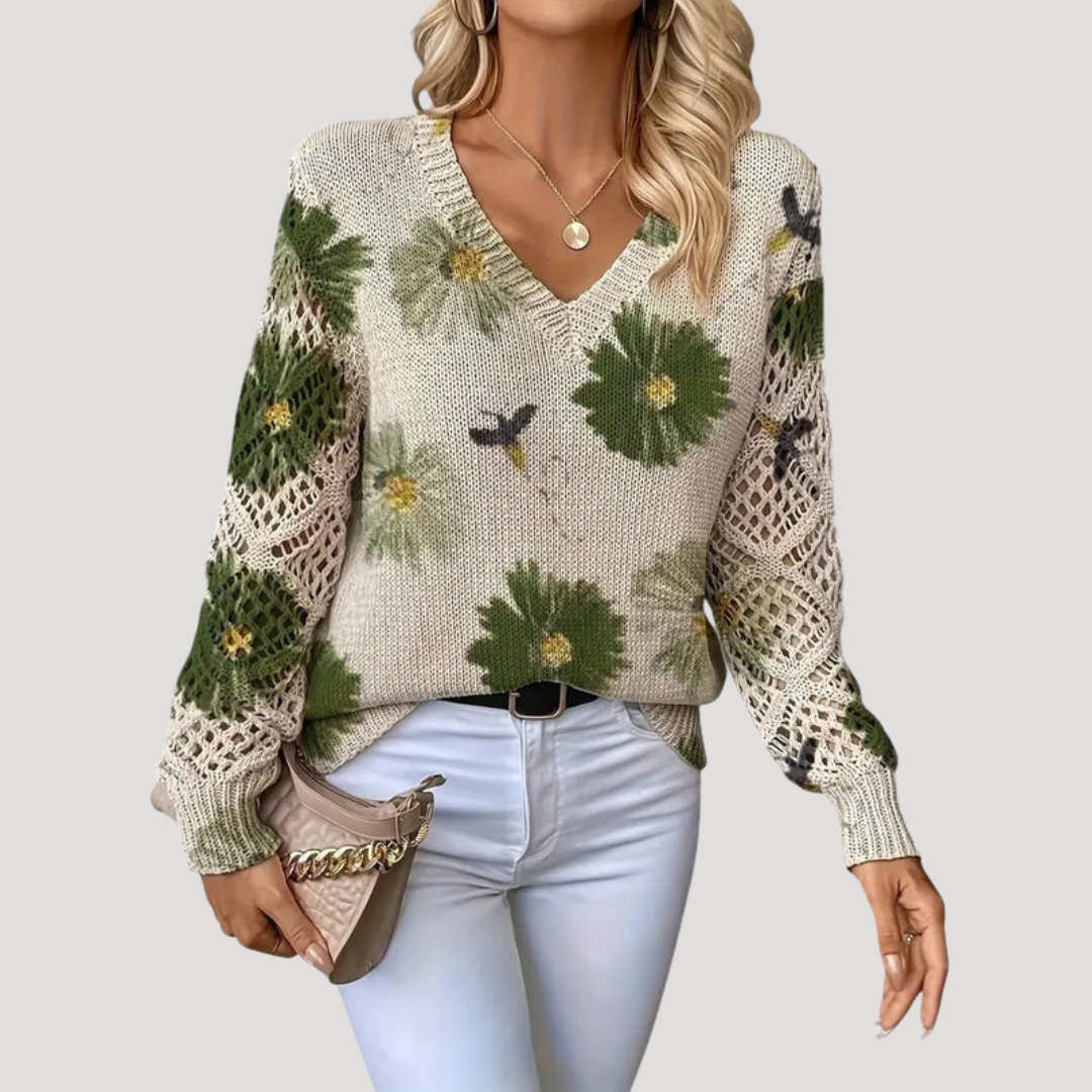 Florence | Maglione Donna Fiori Ajouré Col V Casual