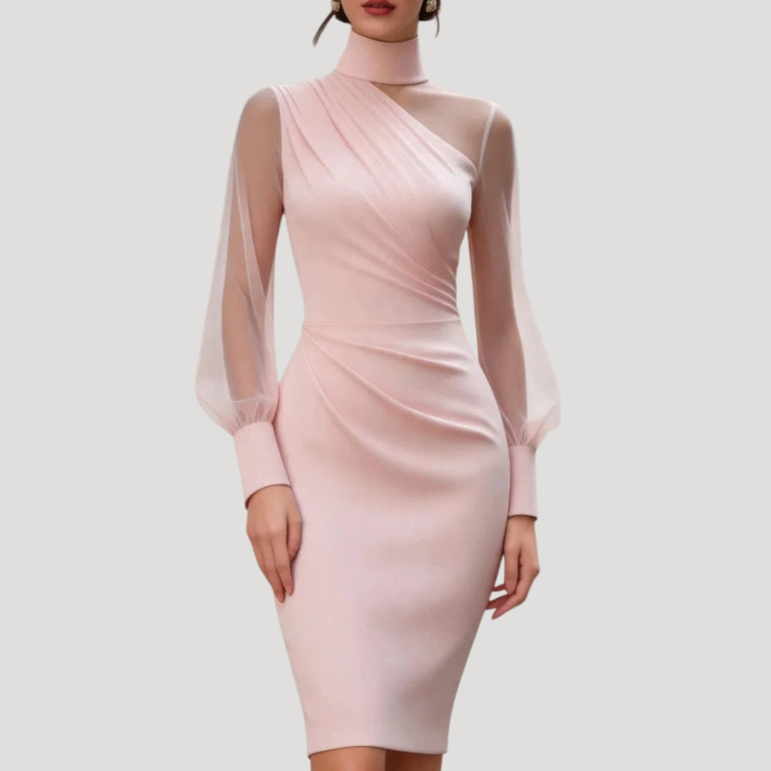 Camilla | Robe Midi Donna Drappeggiata Collo Alto con Maniche a Palloncino in Tulle