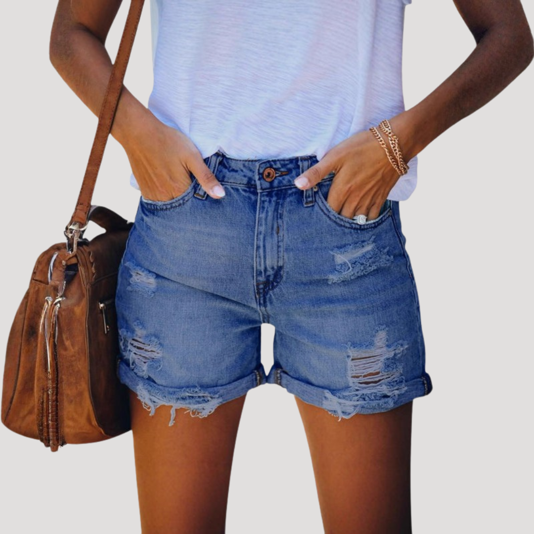 Ophelia | Short in Jeans Donna Strappato a Vita Alta