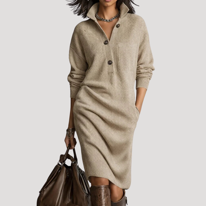 Nella | Abito Midi Donna in Maglia con Collo Alto e Bottoni