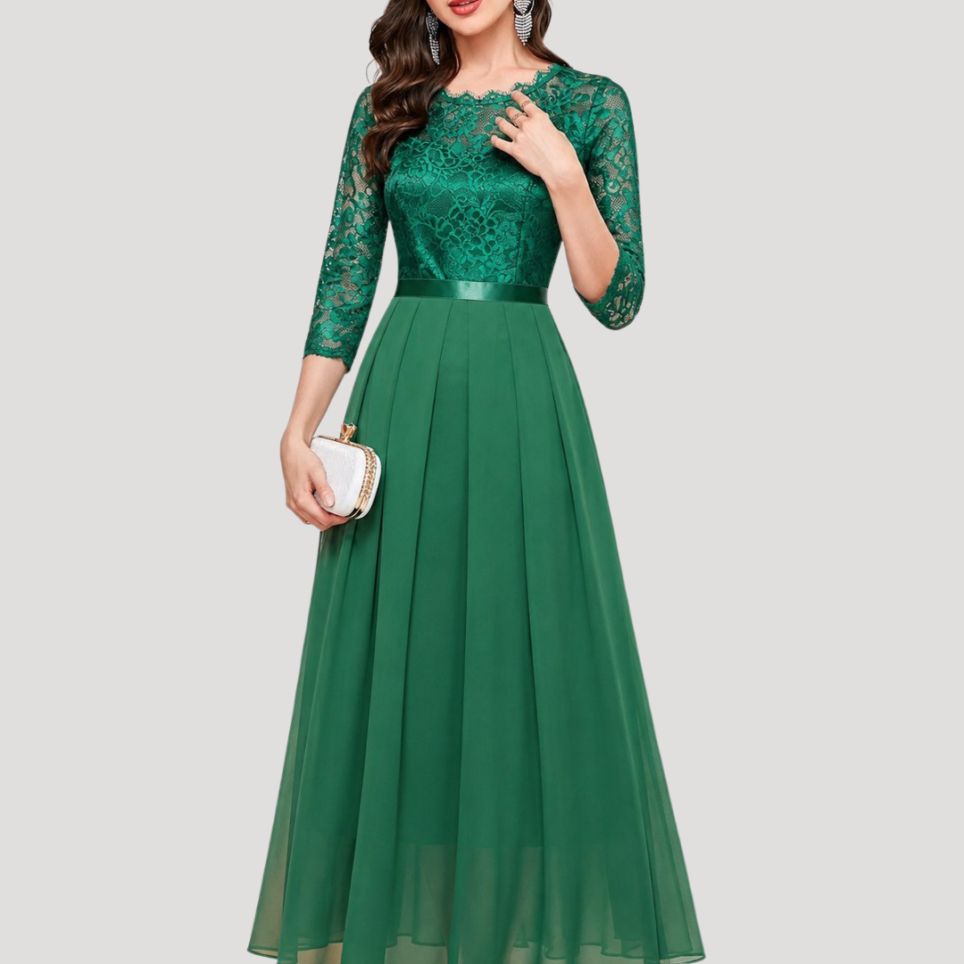 Maria Pia | Robe Lunga Donna Plissettata con Corpetto in Pizzo e Maniche 3/4