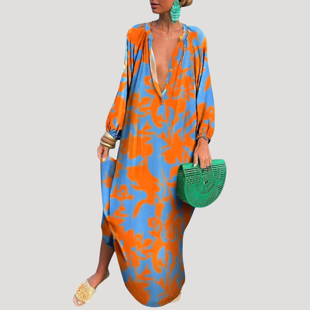 Claudine | Robe Lunga Donna Bohemien Stampata a Maniche Lunghe