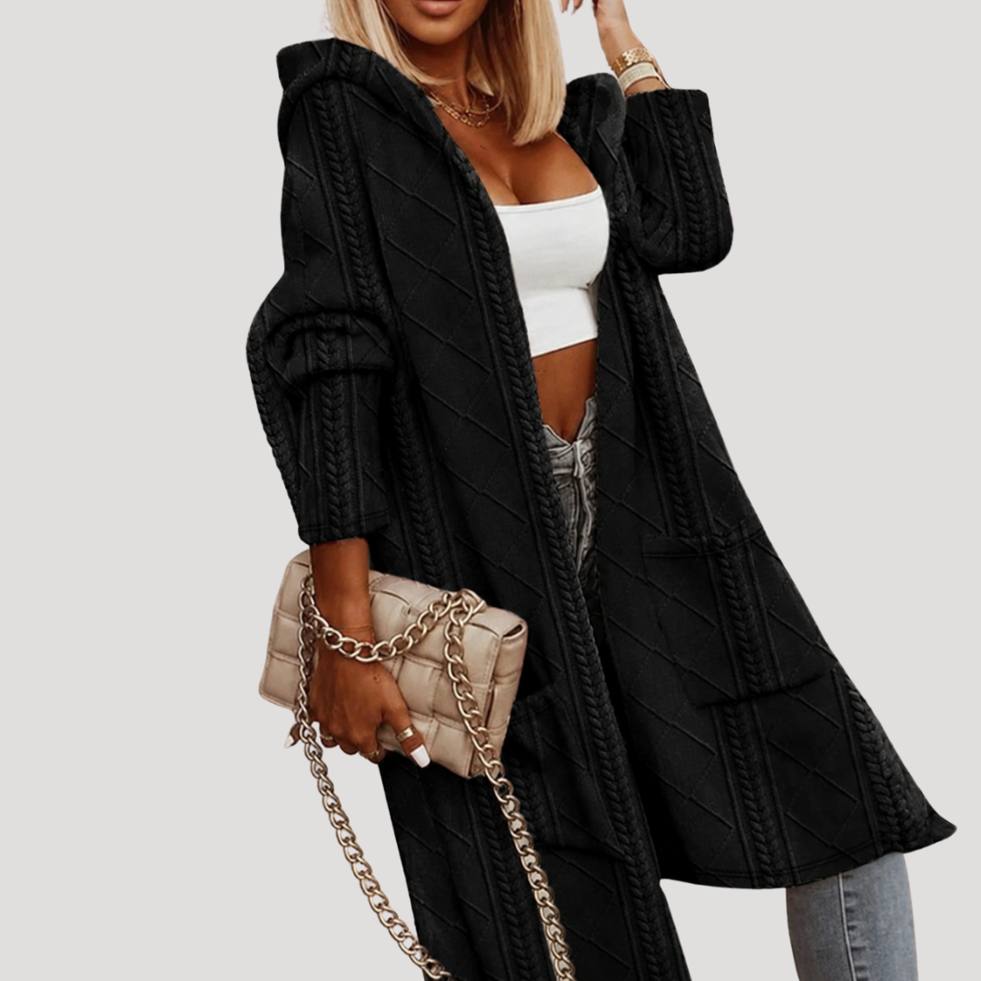 Hannah | Cardigan Lungo Donna con Cappuccio in Maglia Intrecciata