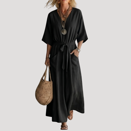Huguette | Robe Midi Col V Ceinturée Bohème