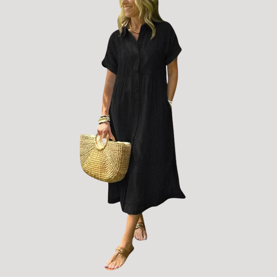 Chiara | Robe Midi Femme Bohème Rayée Col Chemise