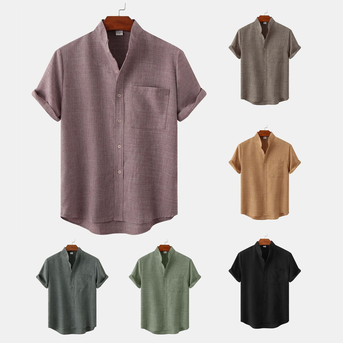 Flavio | Camicia a maniche corte con collo alla coreana e taschino da uomo