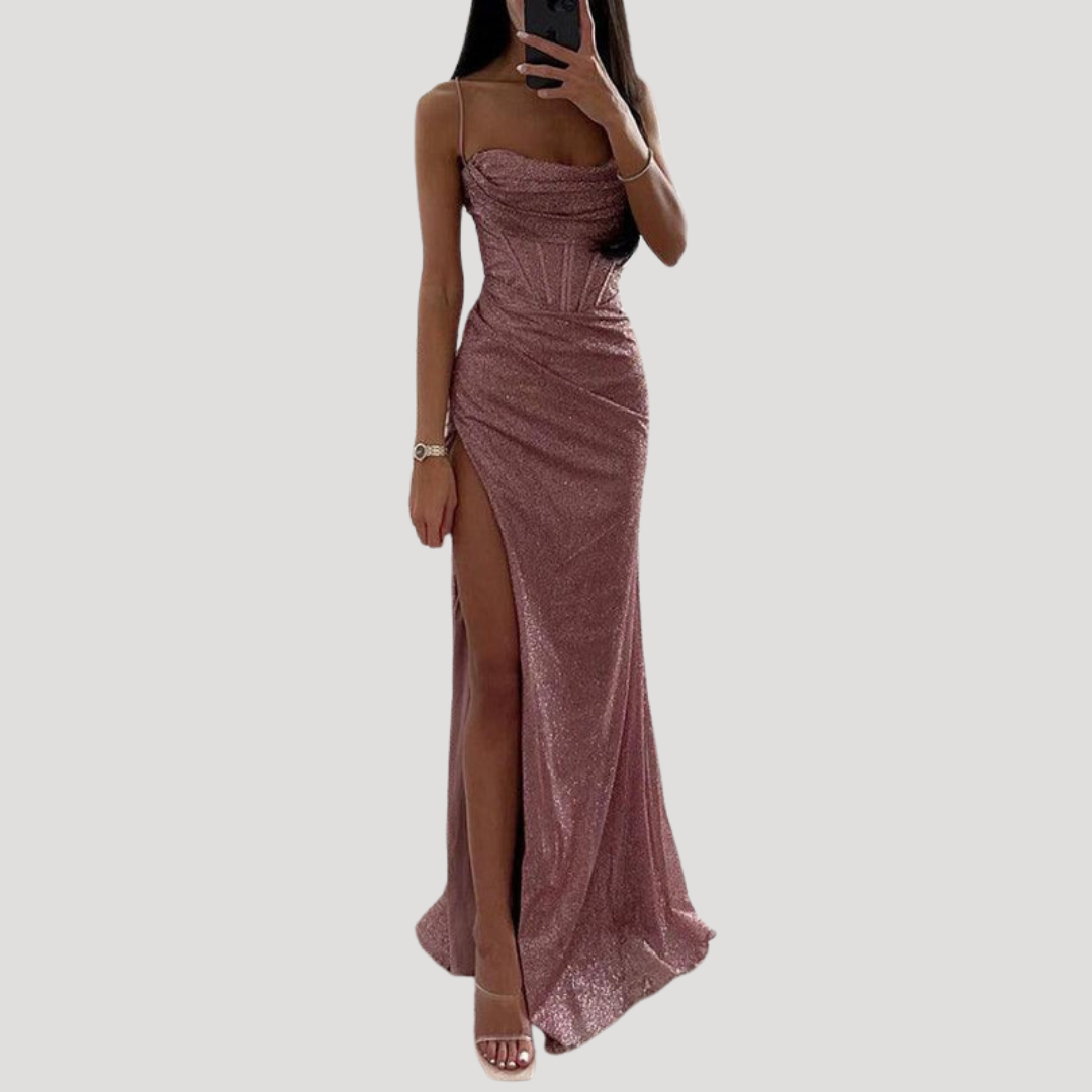 Fernanda | Elegante abito lungo da sera con spacco e spalline sottili