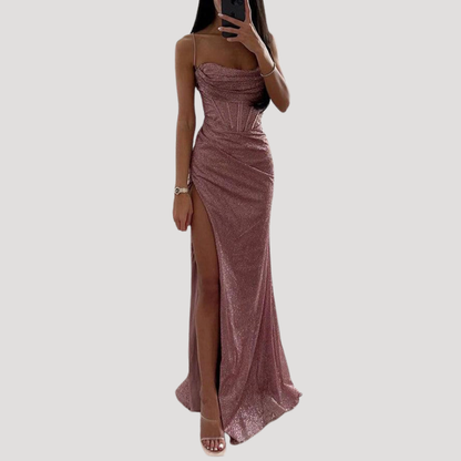 Fernanda | Elegante abito lungo da sera con spacco e spalline sottili