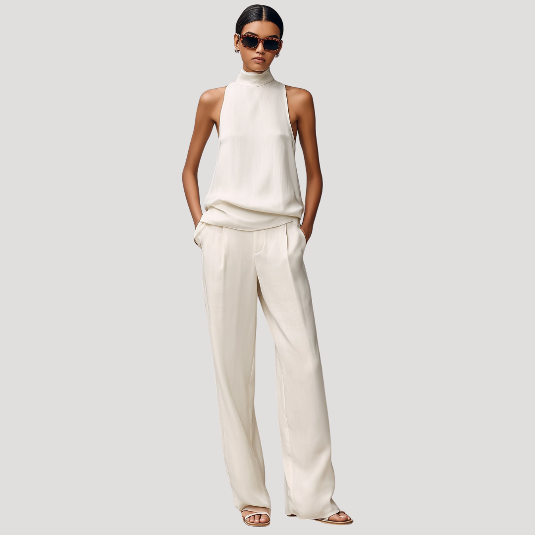 Ivana | Completo Donna con Top Senza Maniche Collo Alto e Pantaloni Dritti