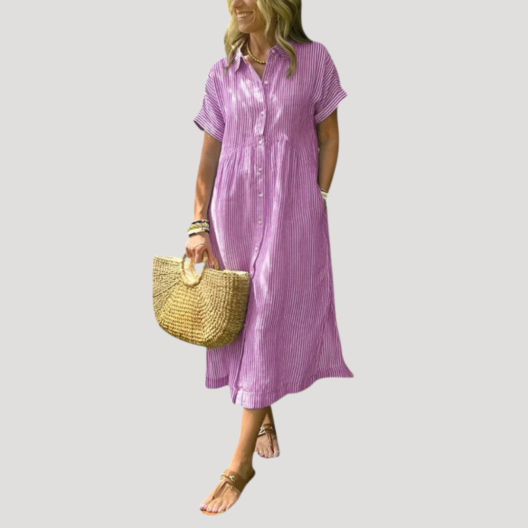 Chiara | Robe Midi Femme Bohème Rayée Col Chemise