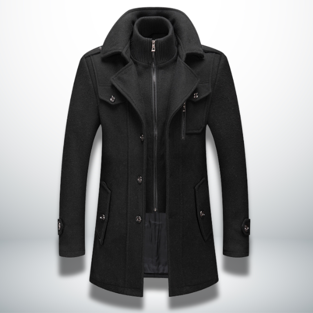 Angelo | Cappotto lungo con doppio strato e collo alto da uomo