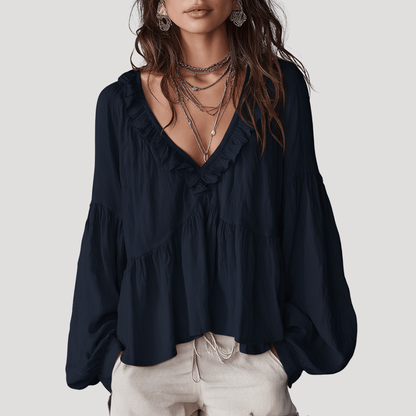 Penelope | Blusa Donna Col V a Volant Maniche Lunghe
