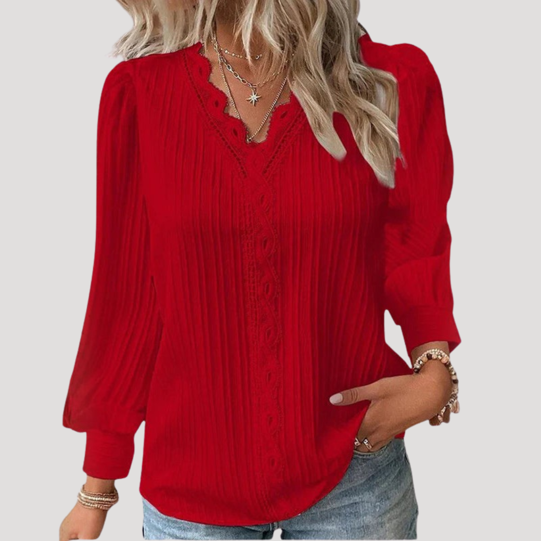 June | Blusa Donna Plissettata Pizzo Col V Elegante