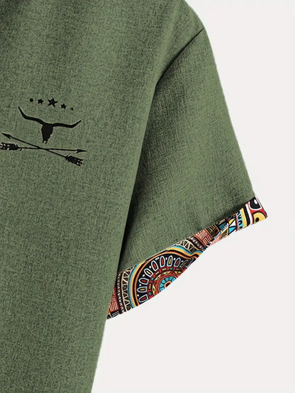 Marco | Camicia a maniche corte con collo a V e bordo etnico da uomo
