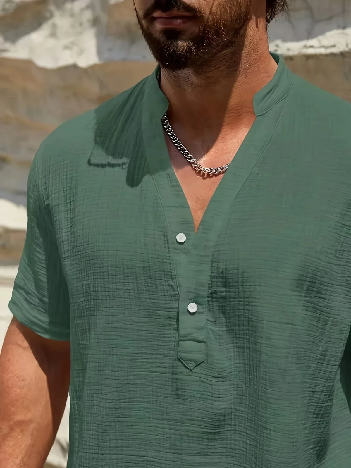 Roberto | Camicia a manica corta con colletto alla coreana e mezza patta da uomo