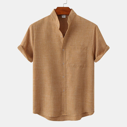 Flavio | Camicia a maniche corte con collo alla coreana e taschino da uomo