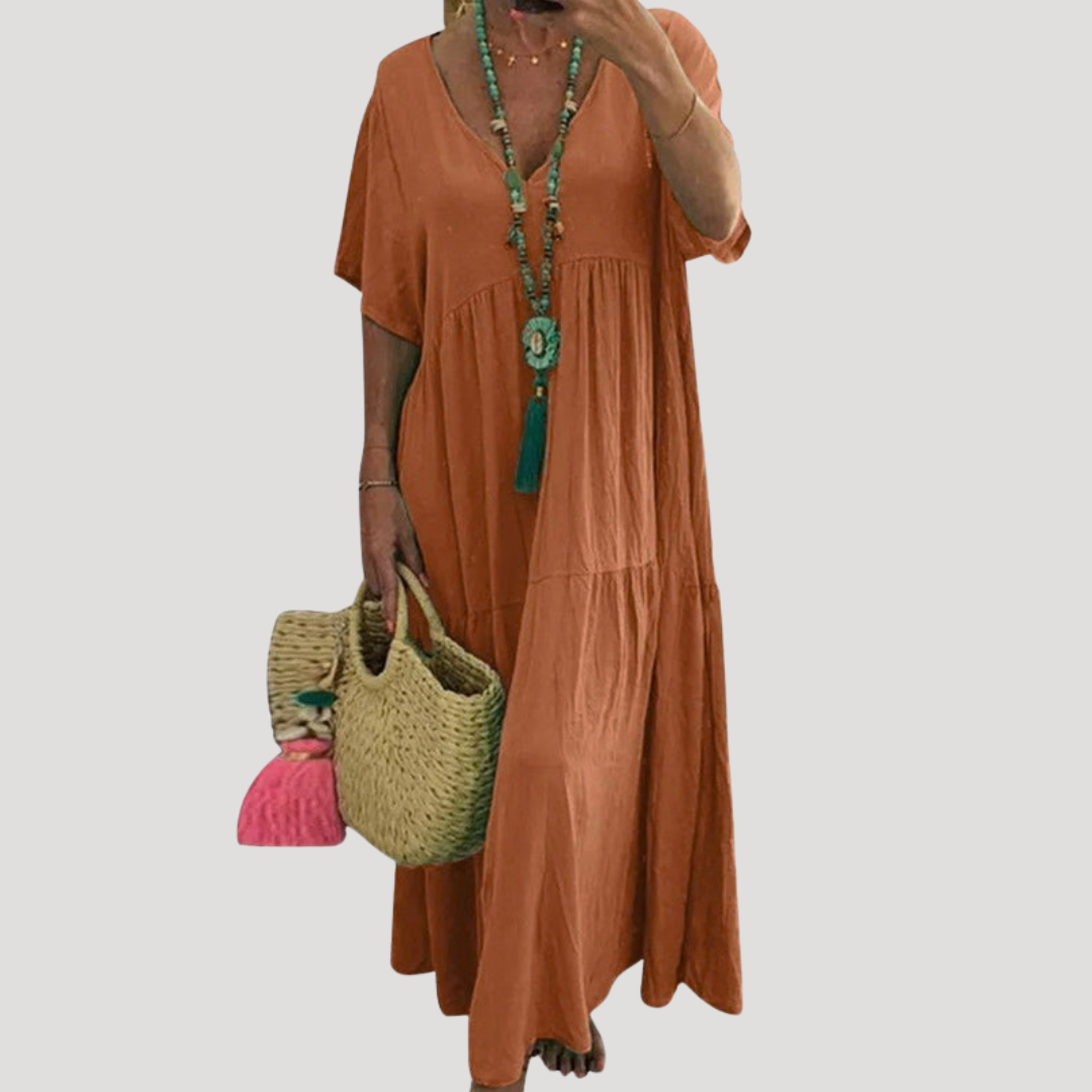 Nieves | Robe Longue Bohème Femme Col V À Volants Pour L’Été