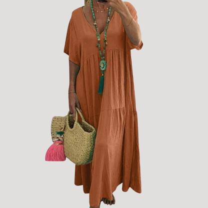 Nieves | Robe Longue Bohème Femme Col V À Volants Pour L’Été