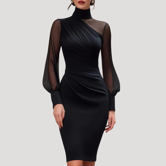 Camilla | Robe Midi Donna Drappeggiata Collo Alto con Maniche a Palloncino in Tulle