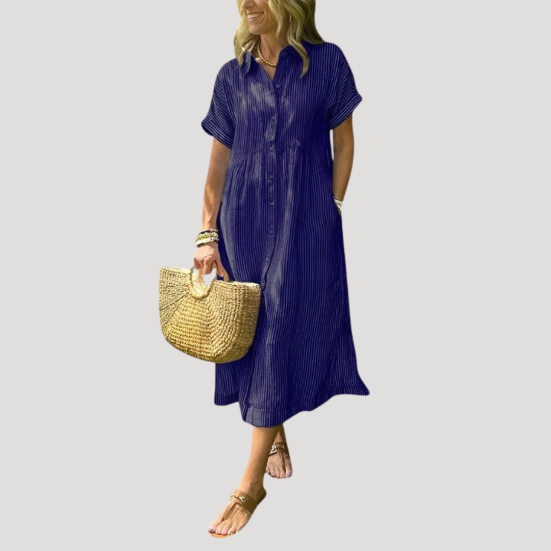 Chiara | Robe Midi Femme Bohème Rayée Col Chemise
