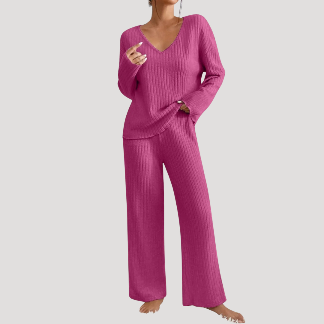 Sandra | Completo Femminile in Maglia con Collo a V e Pantaloni Larghi