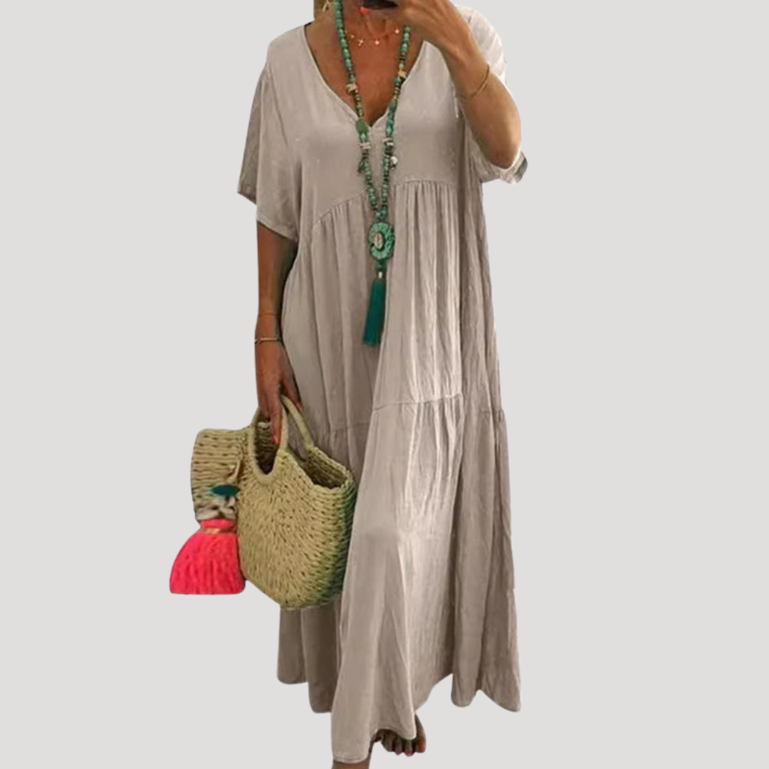 Nieves | Robe Longue Bohème Femme Col V À Volants Pour L’Été