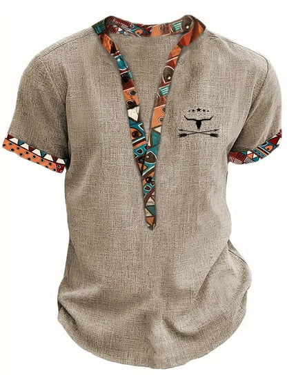 Marco | Camicia a maniche corte con collo a V e bordo etnico da uomo