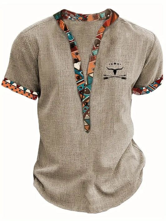 Marco | Camicia a maniche corte con collo a V e bordo etnico da uomo