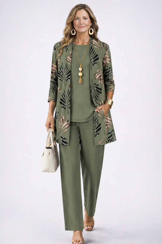 Arianna | Completo 3 pezzi cardigan stampato e pantalone a gamba larga per donna