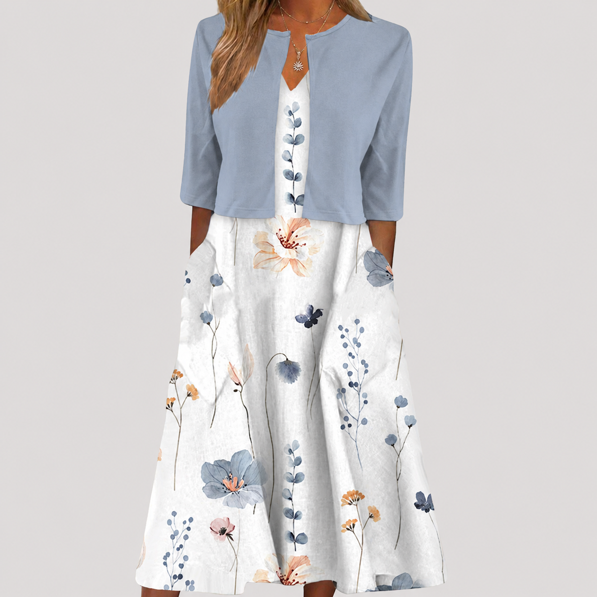 Gianna | Completo Abito Floreale Donna con Cardigan Corto Coordinato