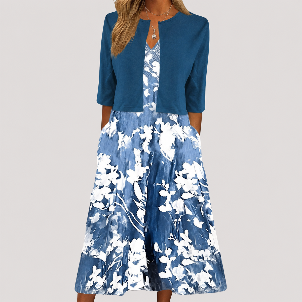 Gianna | Completo Abito Floreale Donna con Cardigan Corto Coordinato