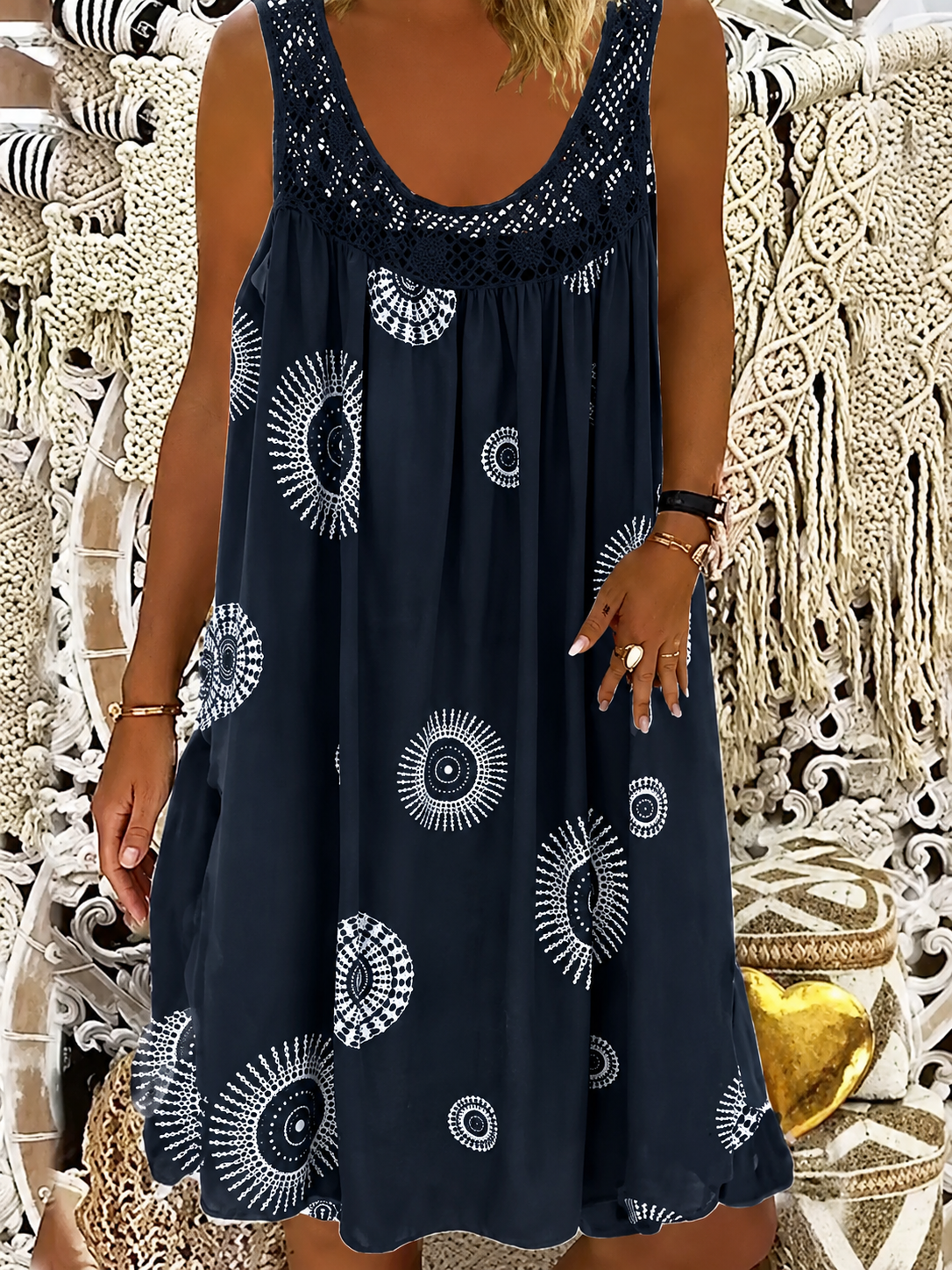Solène | Vestito midi boho con inserto in pizzo all'uncinetto per donna
