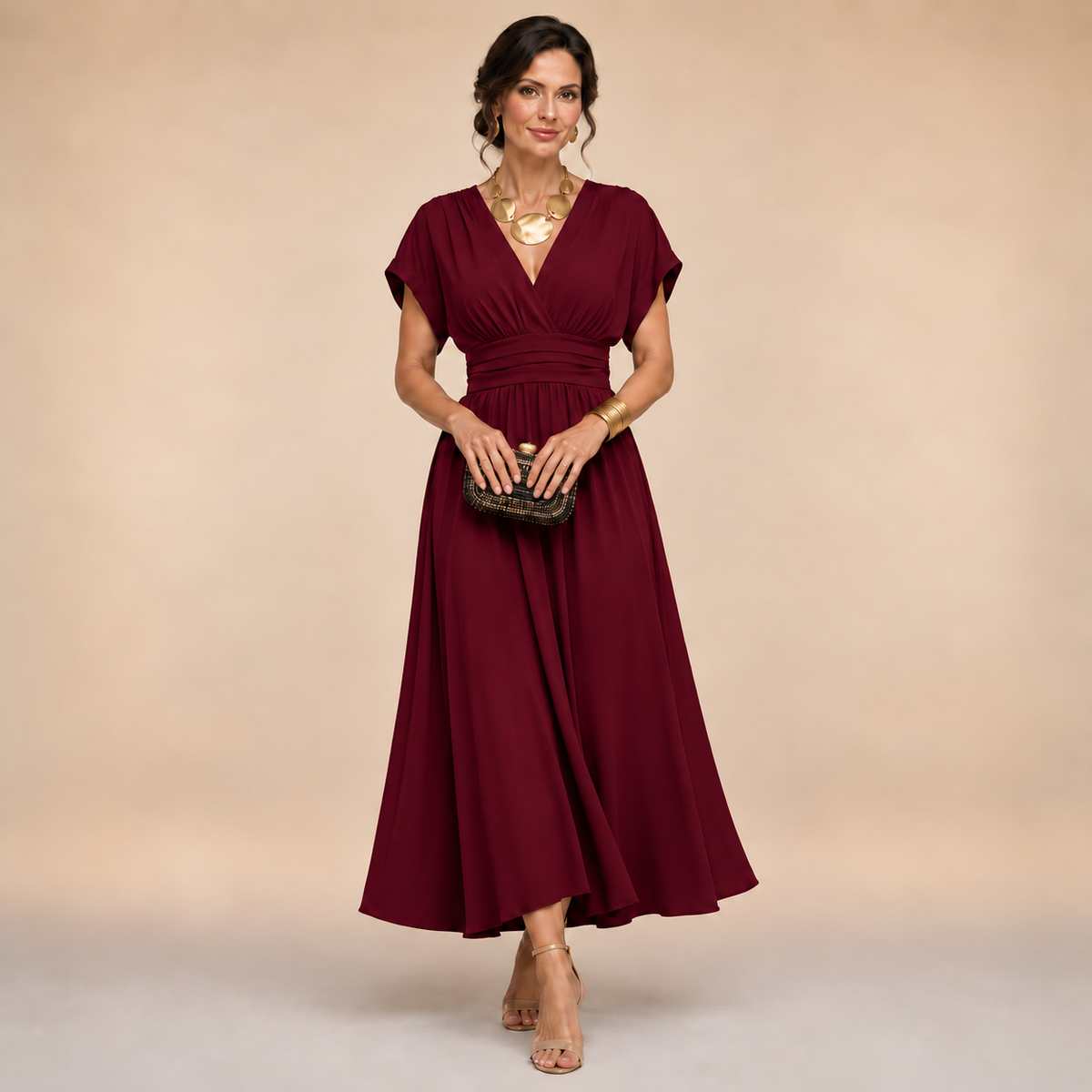 Amelia | Abito midi a portafoglio con scollo a V per donna