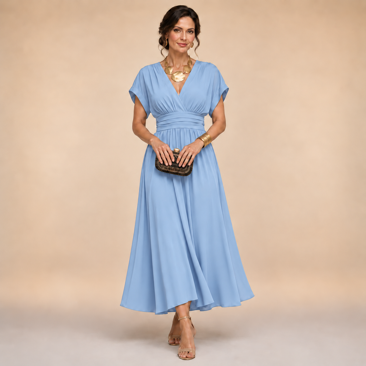 Amelia | Abito midi a portafoglio con scollo a V per donna