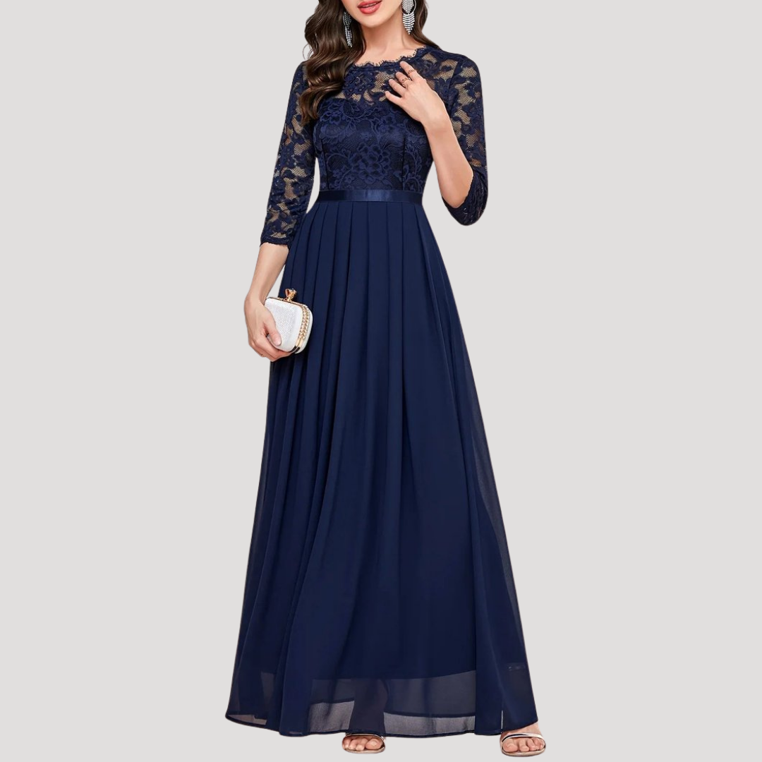 Maria Pia | Robe Lunga Donna Plissettata con Corpetto in Pizzo e Maniche 3/4