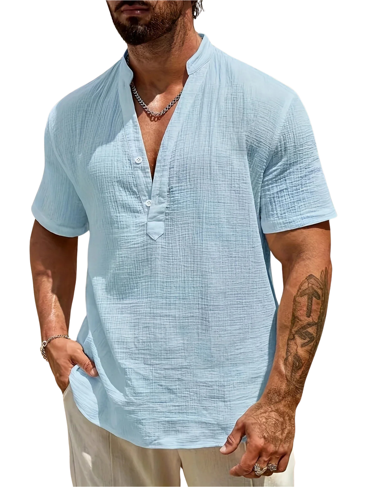 Roberto | Camicia a manica corta con colletto alla coreana e mezza patta da uomo