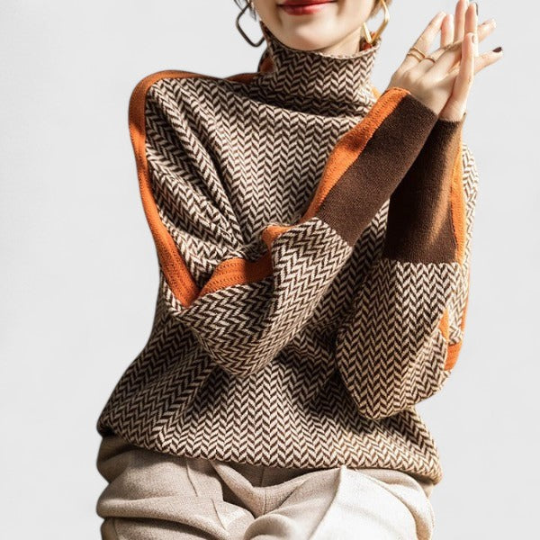 Helen | Pull Collo Alto Donna Jacquard Maniche Contrastanti